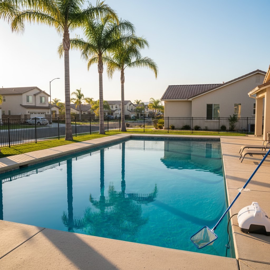Clean backyard pool in a Menifee neighborhood with California palm trees