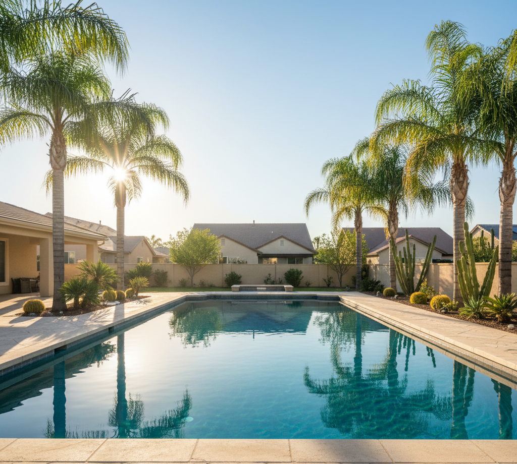 Crystal clear backyard pool in Menifee maintained professionally.