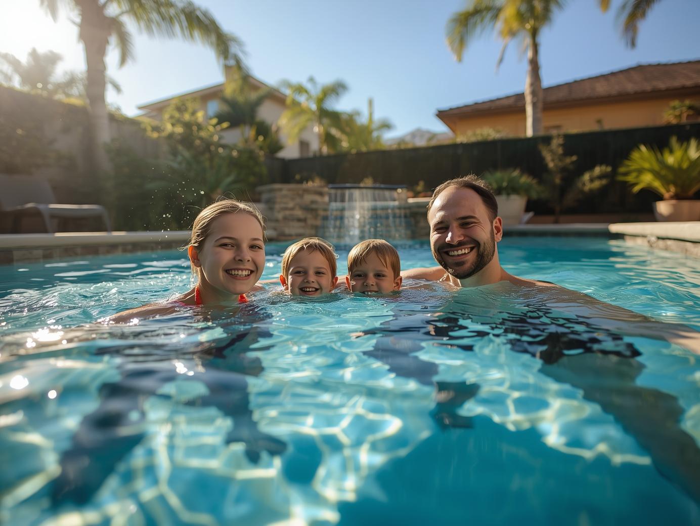 Family swimming safely in a clean Menifee backyard pool.