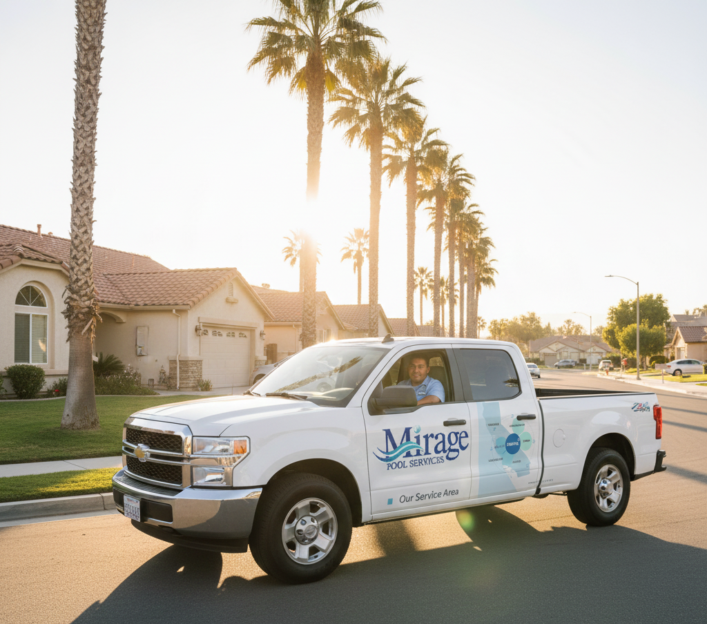 Pool service truck driving through Menifee neighborhood.