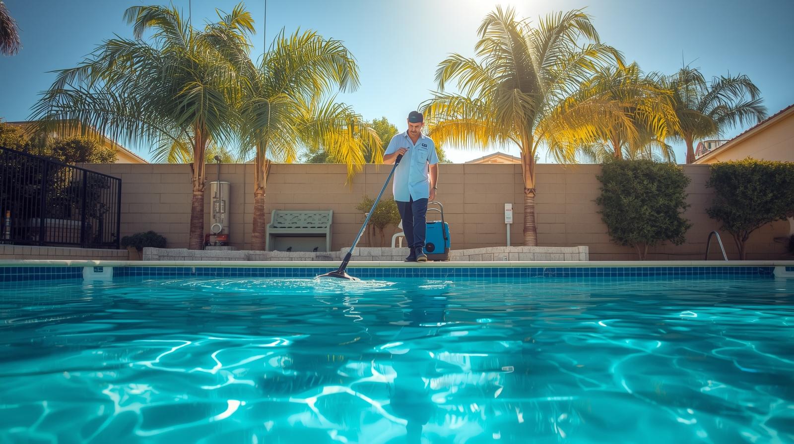 Pool technician performing multiple cleaning tasks for a