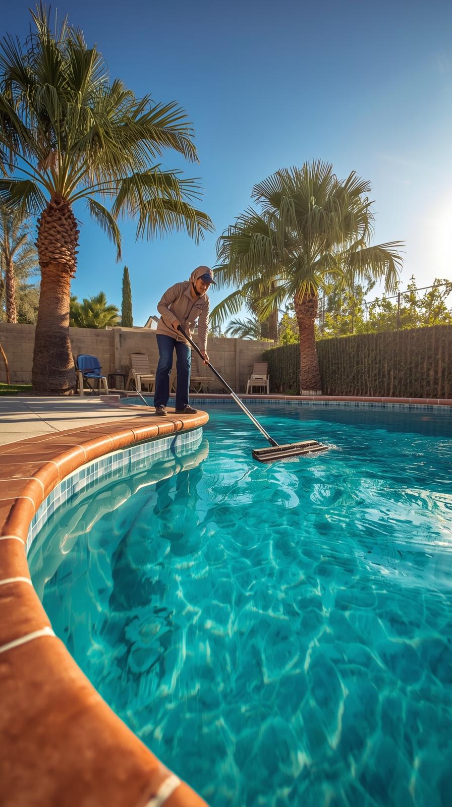 Pool technician performing weekly maintenance tasks on a Menifee pool.