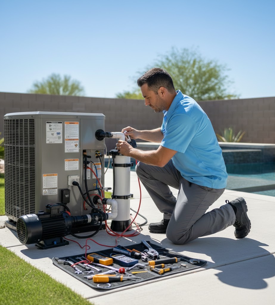 Pool technician repairing or replacing pool equipment