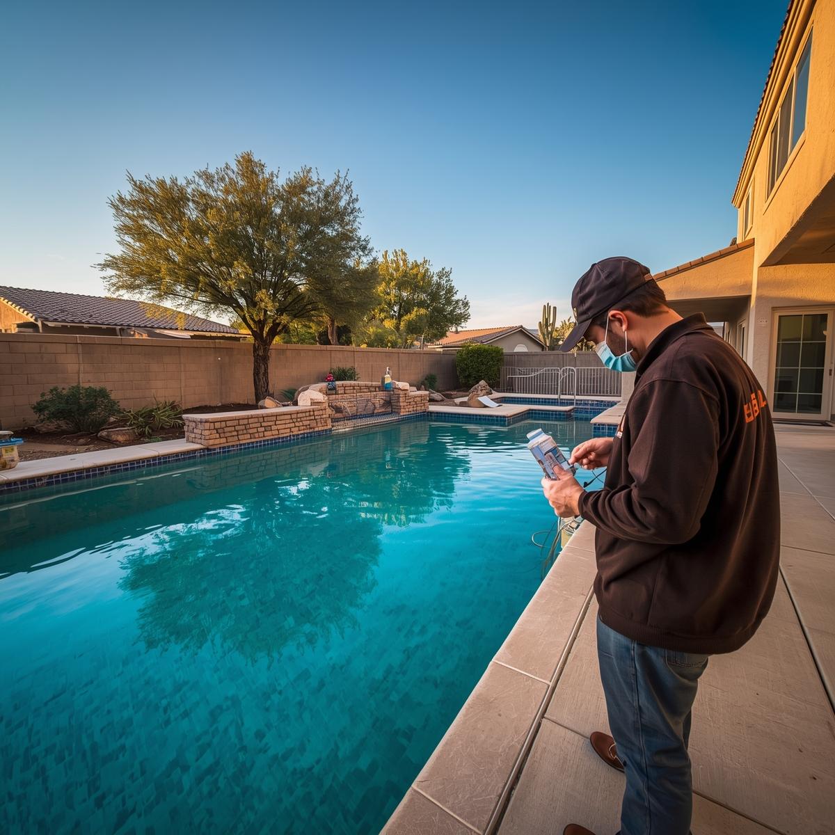 Pool technician testing water chemistry in Menifee.